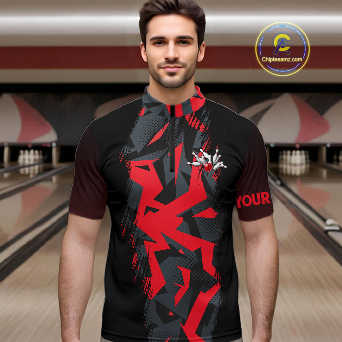 Personalized Black And Red Bowling Jersey Polo & 1/4 Zip For Men Custom Bowling League Team Shirt TDM7366