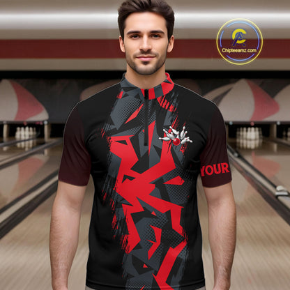 Personalized Black And Red Bowling Jersey Polo & 1/4 Zip For Men Custom Bowling League Team Shirt TDM7366