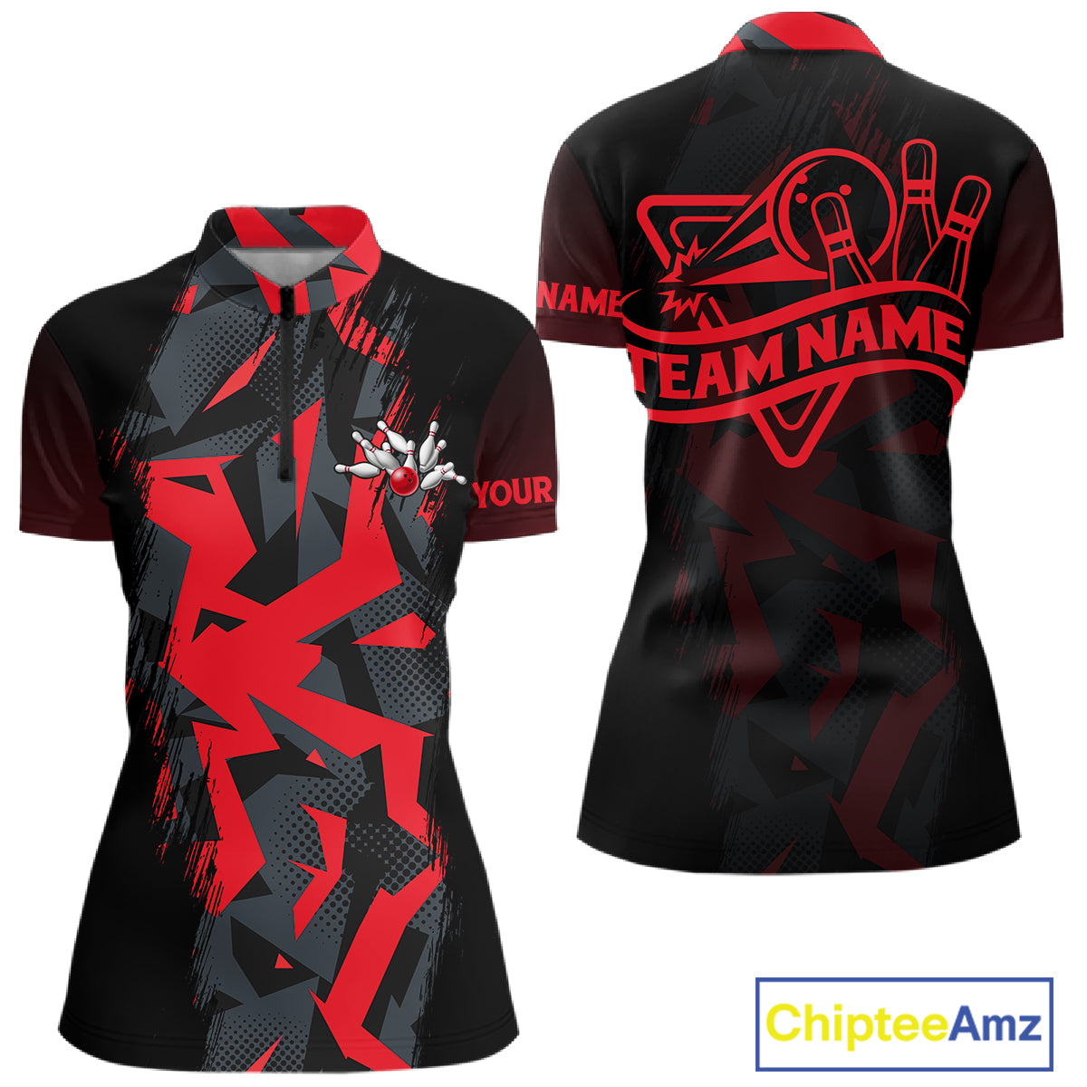 Personalized Black And Red Bowling Jersey Polo & 1/4 Zip For Women Custom Bowling League Team Shirt TDM7366