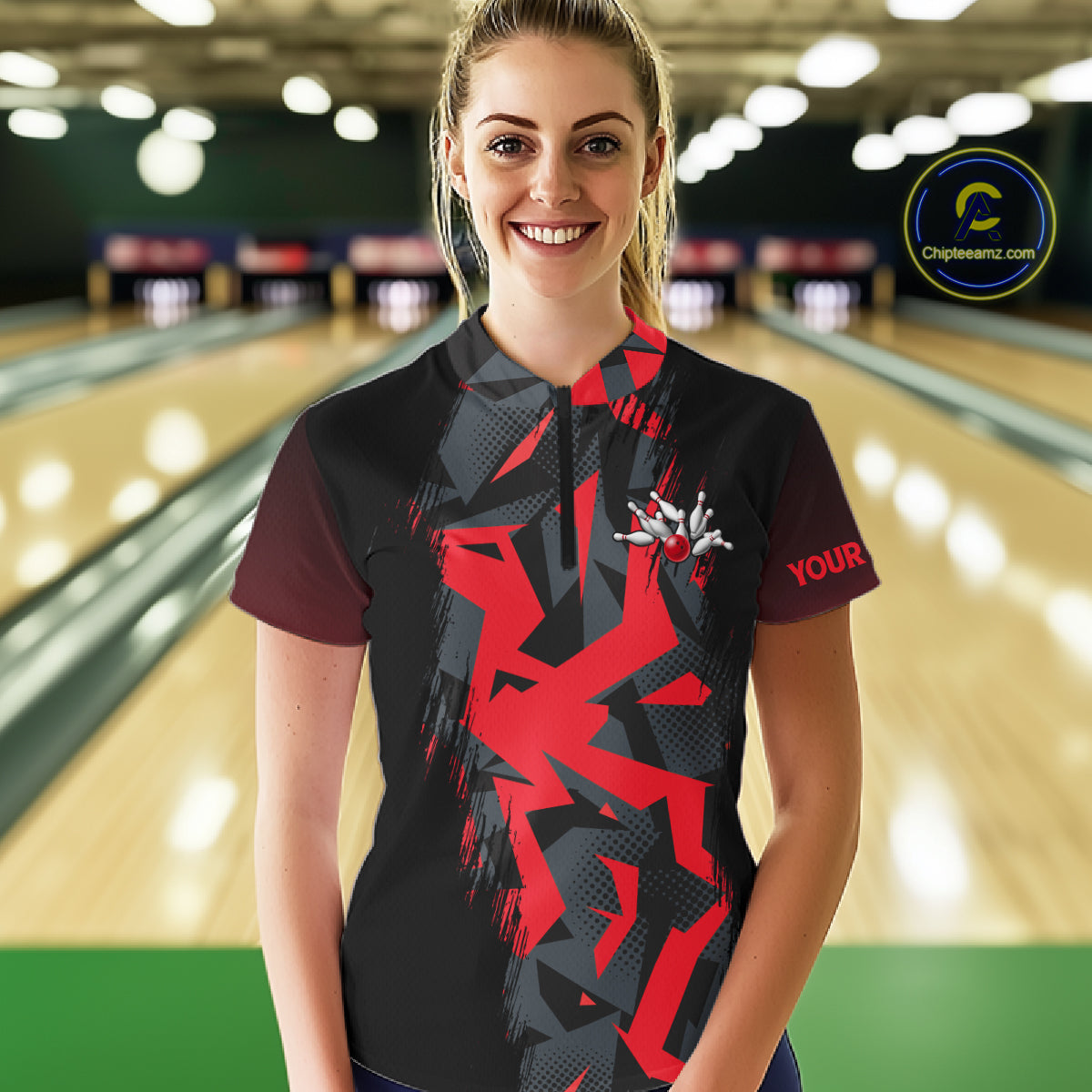 Personalized Black And Red Bowling Jersey Polo & 1/4 Zip For Women Custom Bowling League Team Shirt TDM7366