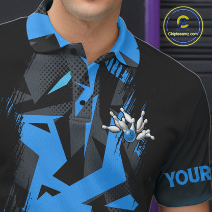 Personalized Black And Blue Bowling Jersey Polo & 1/4 Zip For Men, Bowling League Team Shirts TDM7367