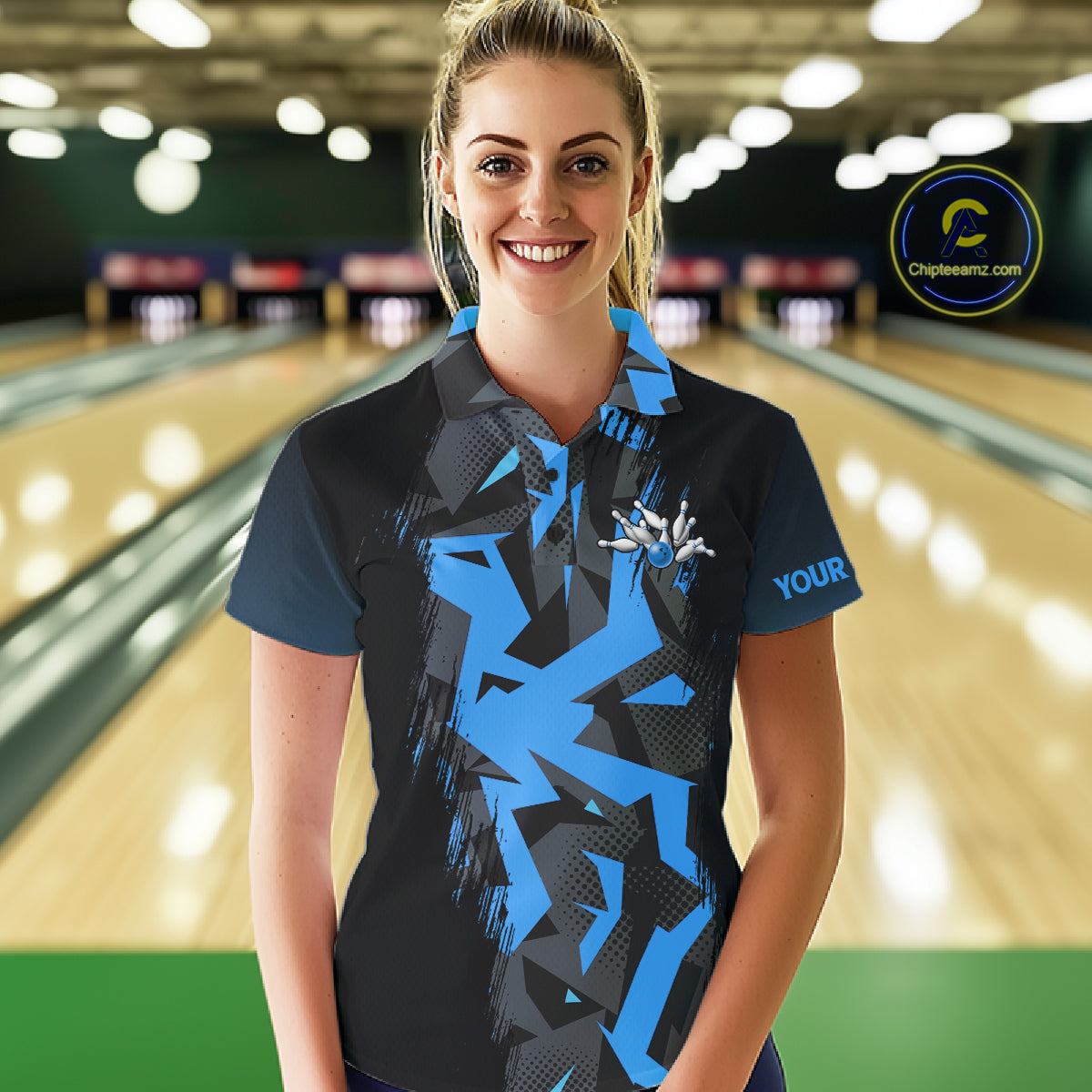 Personalized Black And Blue Bowling Jersey Polo & 1/4 Zip For Women, Bowling League Team Shirts TDM7367