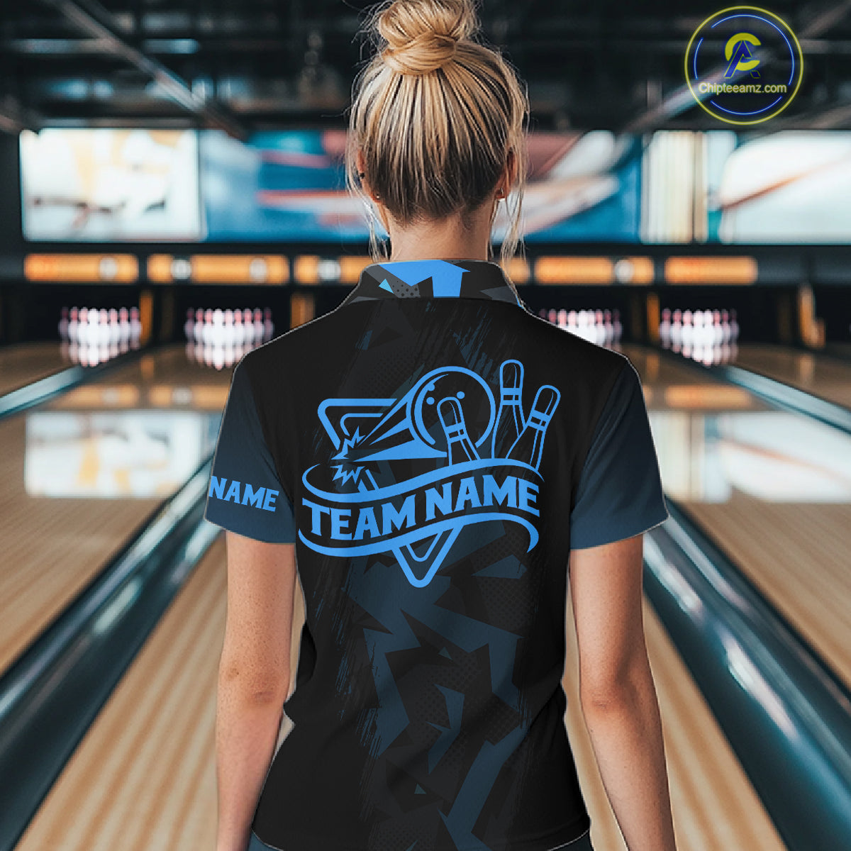 Personalized Black And Blue Bowling Jersey Polo & 1/4 Zip For Women, Bowling League Team Shirts TDM7367