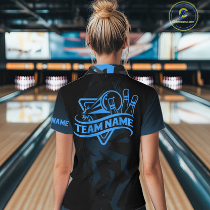 Personalized Black And Blue Bowling Jersey Polo & 1/4 Zip For Women, Bowling League Team Shirts TDM7367