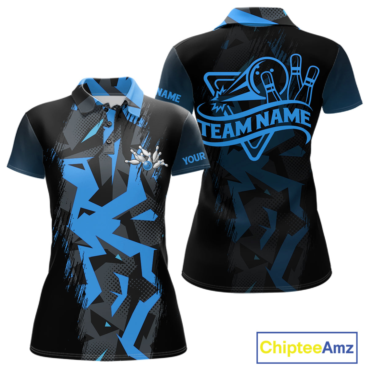 Personalized Black And Blue Bowling Jersey Polo & 1/4 Zip For Women, Bowling League Team Shirts TDM7367