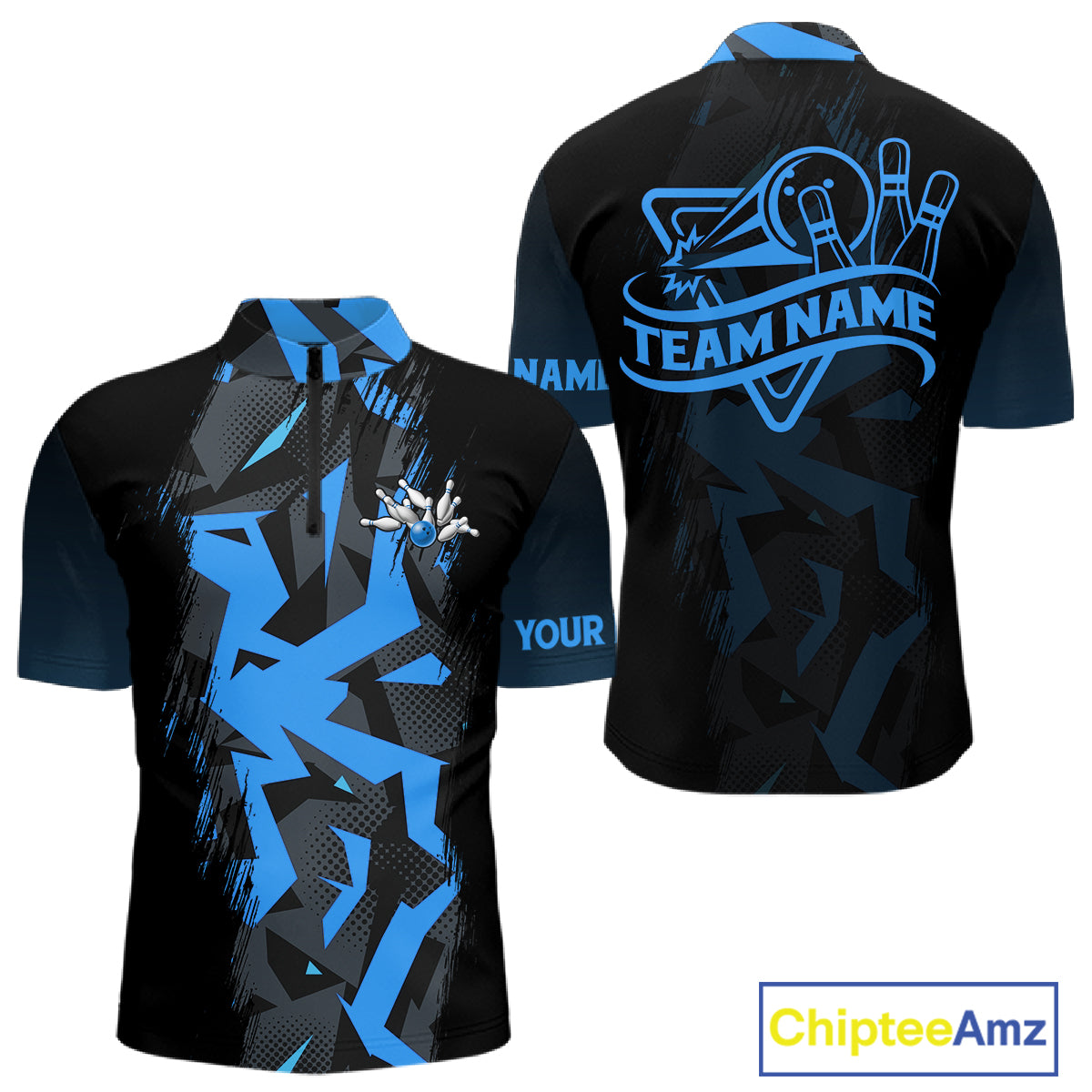 Personalized Black And Blue Bowling Jersey Polo & 1/4 Zip For Men, Bowling League Team Shirts TDM7367