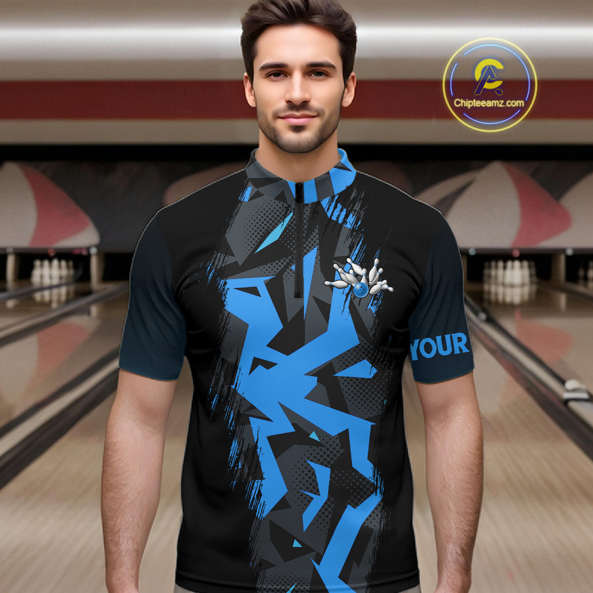 Personalized Black And Blue Bowling Jersey Polo & 1/4 Zip For Men, Bowling League Team Shirts TDM7367