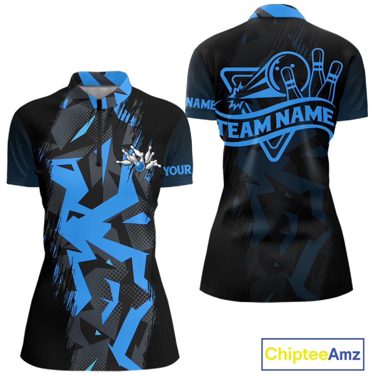 Personalized Black And Blue Bowling Jersey Polo & 1/4 Zip For Women, Bowling League Team Shirts TDM7367