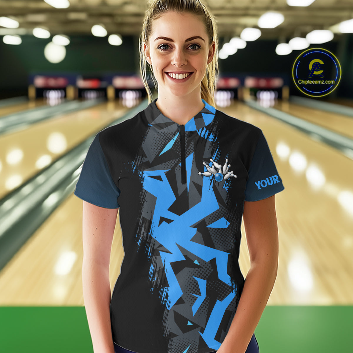 Personalized Black And Blue Bowling Jersey Polo & 1/4 Zip For Women, Bowling League Team Shirts TDM7367