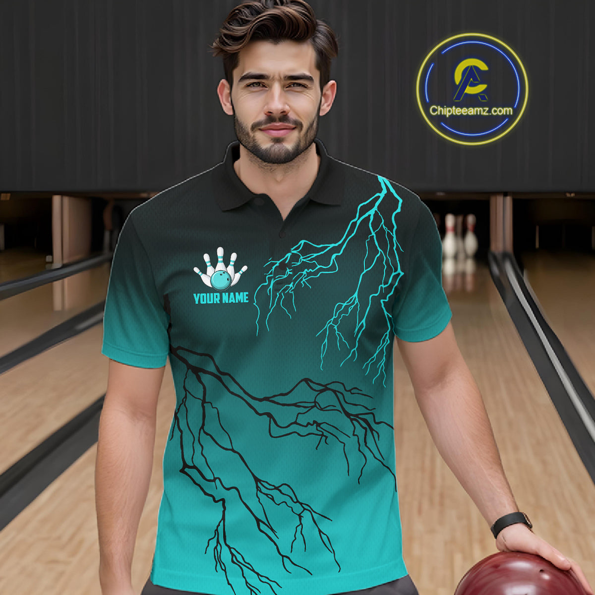 Black And Teal Gradient Lightning Thunder Bowling Shirts For Men Custom Bowling Team Jersey TDM7368