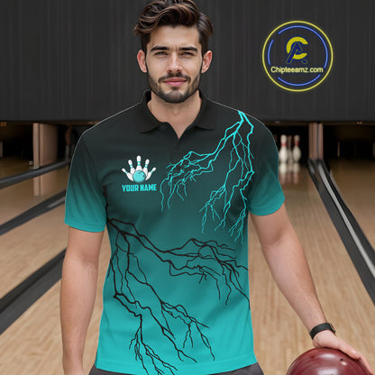 Black And Teal Gradient Lightning Thunder Bowling Shirts For Men Custom Bowling Team Jersey TDM7368