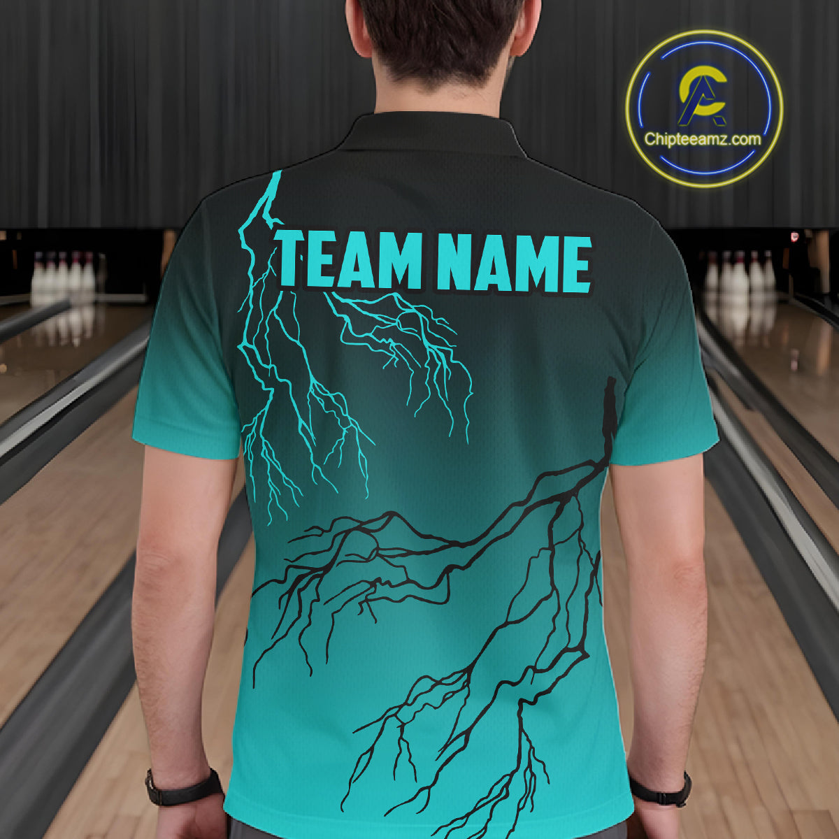 Black And Teal Gradient Lightning Thunder Bowling Shirts For Men Custom Bowling Team Jersey TDM7368