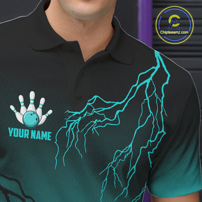 Black And Teal Gradient Lightning Thunder Bowling Shirts For Men Custom Bowling Team Jersey TDM7368