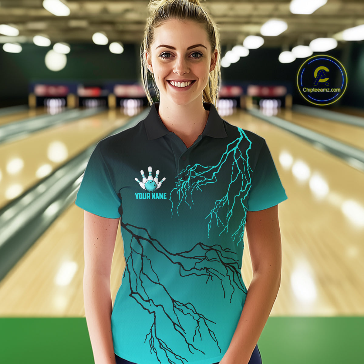 Black And Teal Gradient Lightning Thunder Bowling Shirts For Women Custom Bowling Team Jersey TDM7368