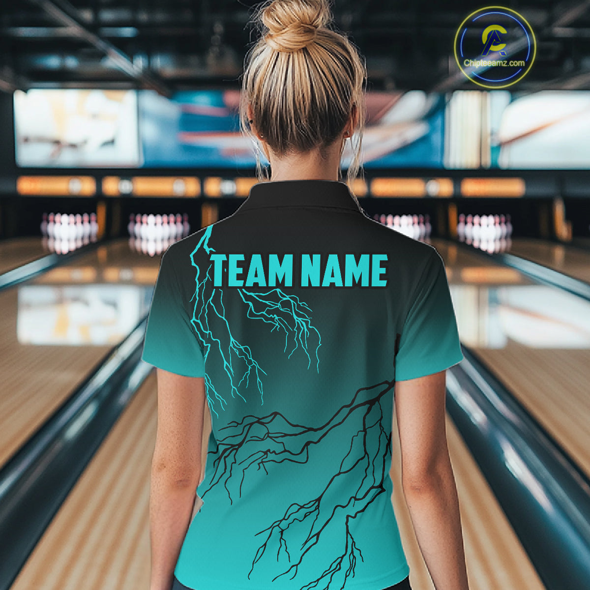 Black And Teal Gradient Lightning Thunder Bowling Shirts For Women Custom Bowling Team Jersey TDM7368