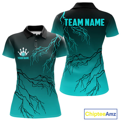 Black And Teal Gradient Lightning Thunder Bowling Shirts For Women Custom Bowling Team Jersey TDM7368