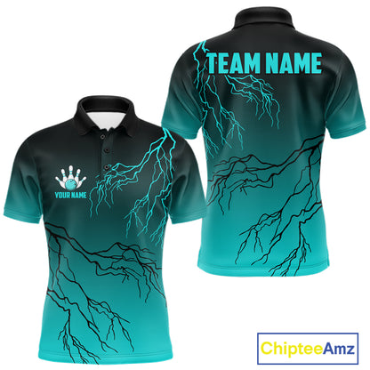 Black And Teal Gradient Lightning Thunder Bowling Shirts For Men Custom Bowling Team Jersey TDM7368