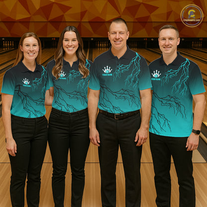 Black And Teal Gradient Lightning Thunder Bowling Shirts For Men Custom Bowling Team Jersey TDM7368