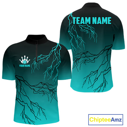 Black And Teal Gradient Lightning Thunder Bowling Shirts For Men Custom Bowling Team Jersey TDM7368