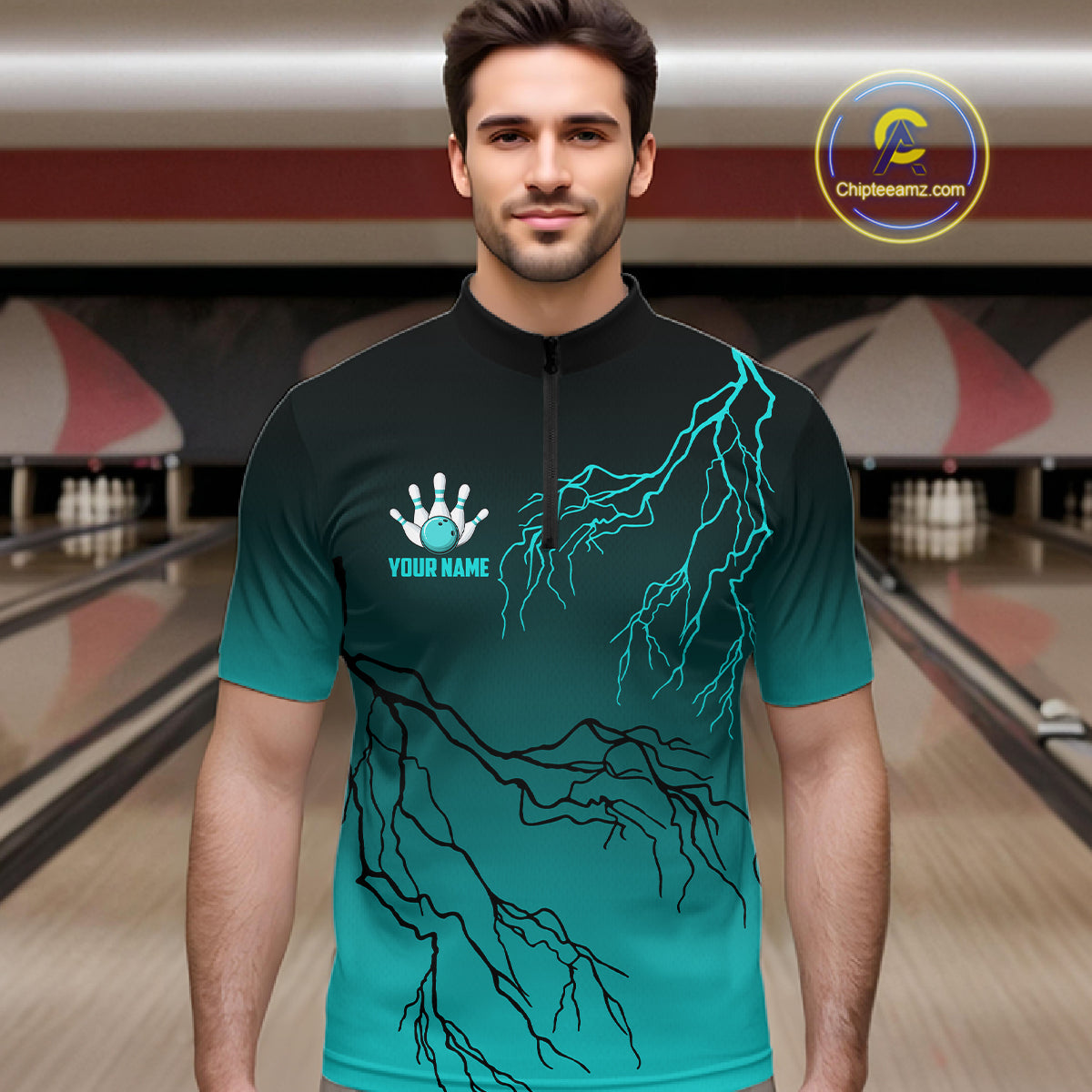 Black And Teal Gradient Lightning Thunder Bowling Shirts For Men Custom Bowling Team Jersey TDM7368