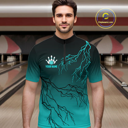 Black And Teal Gradient Lightning Thunder Bowling Shirts For Men Custom Bowling Team Jersey TDM7368