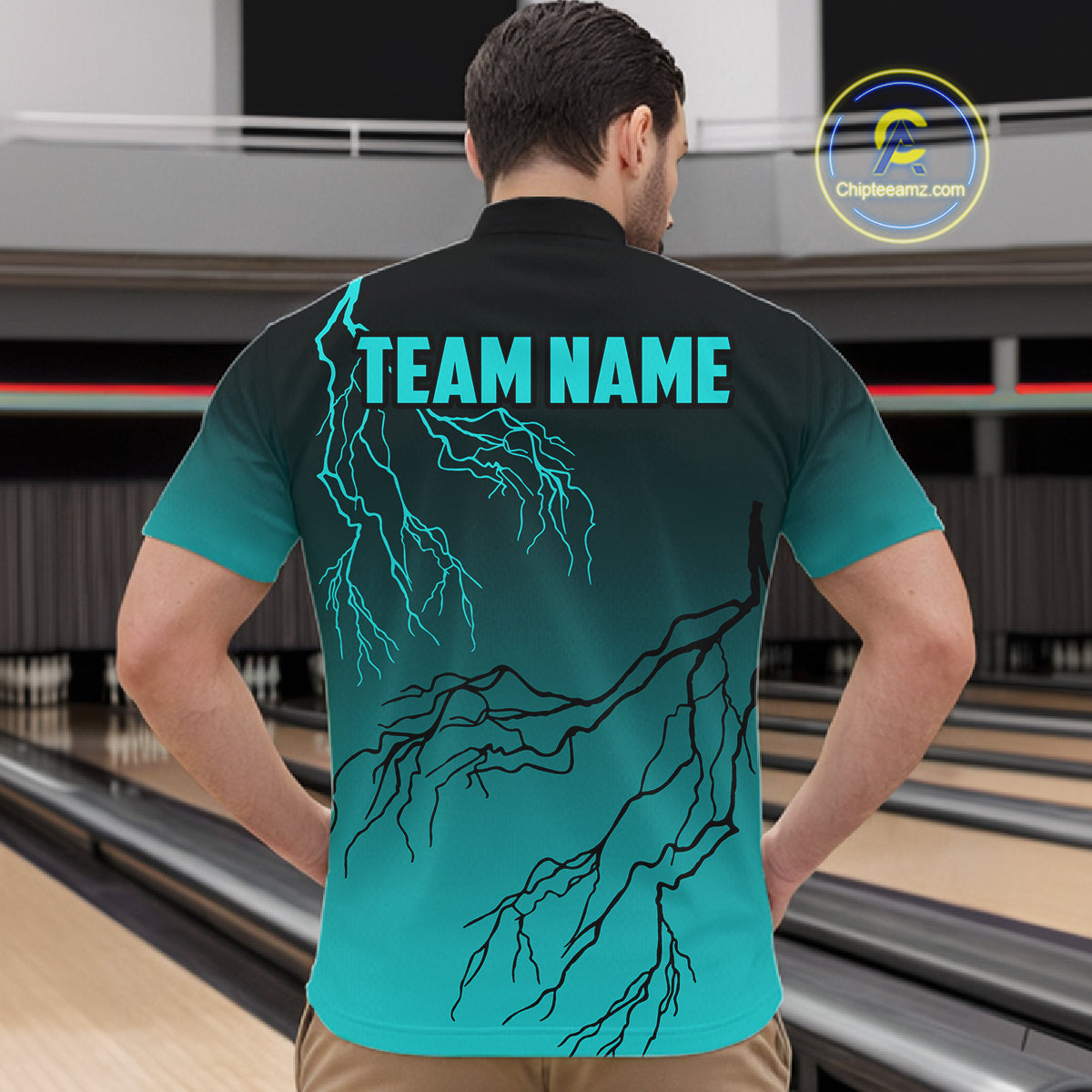 Black And Teal Gradient Lightning Thunder Bowling Shirts For Men Custom Bowling Team Jersey TDM7368