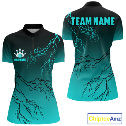 Black And Teal Gradient Lightning Thunder Bowling Shirts For Women Custom Bowling Team Jersey TDM7368