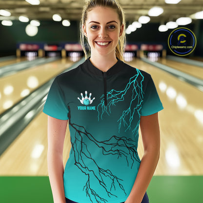 Black And Teal Gradient Lightning Thunder Bowling Shirts For Women Custom Bowling Team Jersey TDM7368