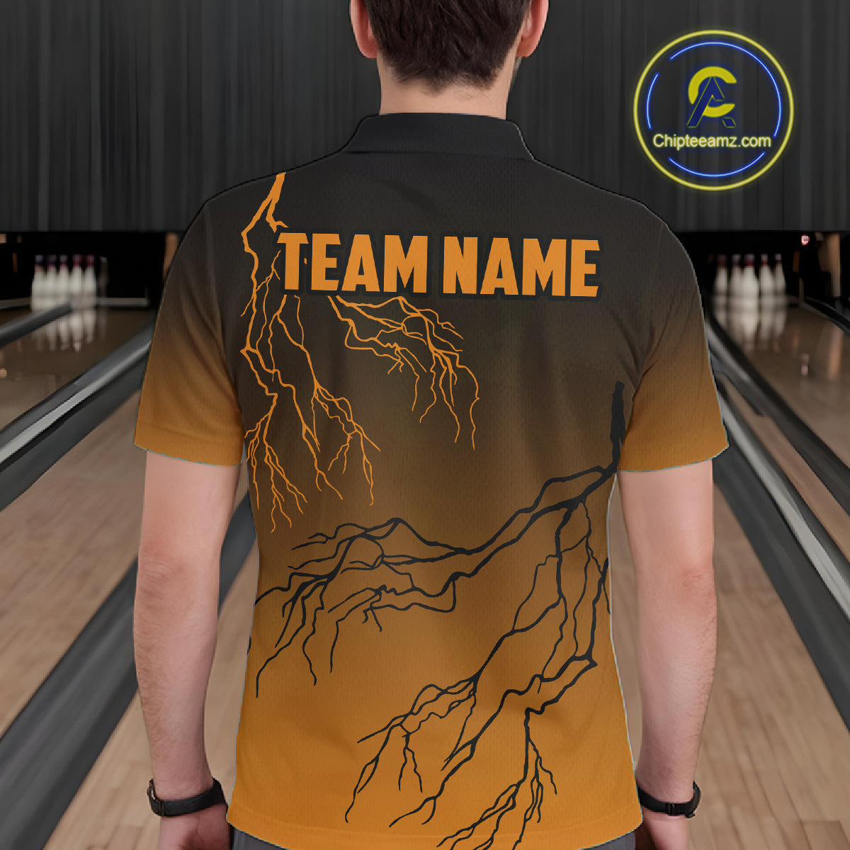 Black And Orange Gradient Lightning Thunder Bowling Shirts For Men Custom Bowling Team Jersey TDM7369