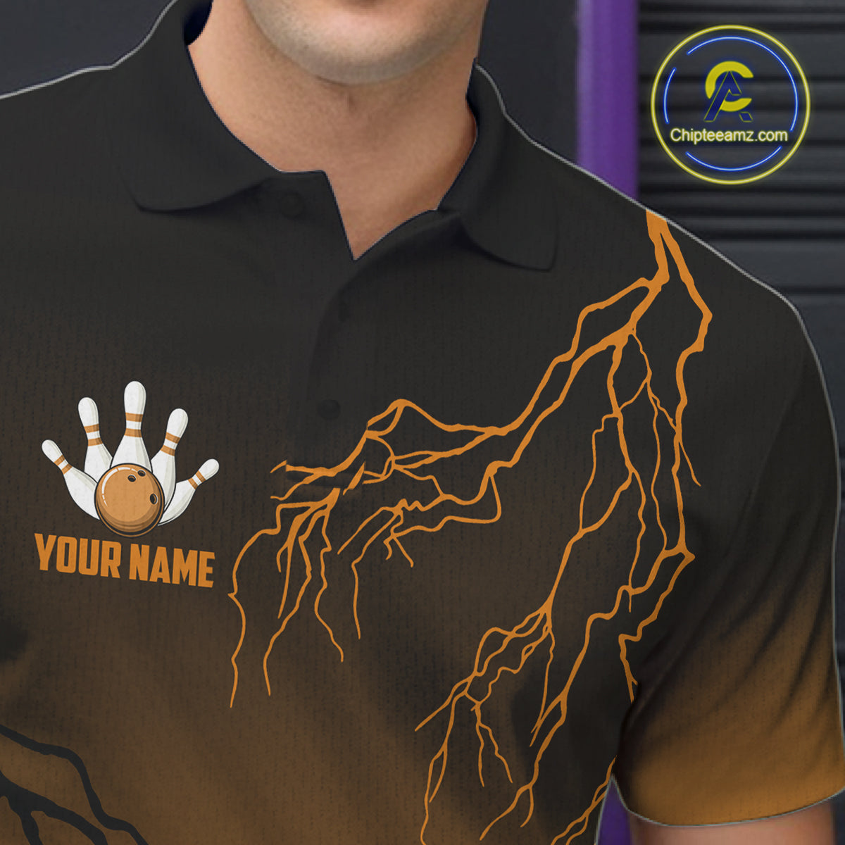 Black And Orange Gradient Lightning Thunder Bowling Shirts For Men Custom Bowling Team Jersey TDM7369