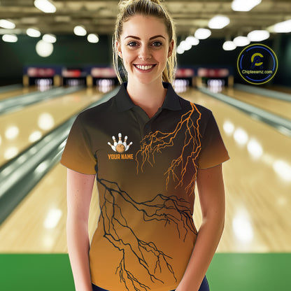 Black And Orange Gradient Lightning Thunder Bowling Shirts For Women Custom Bowling Team Jersey TDM7369