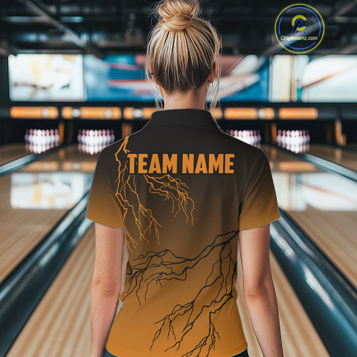 Black And Orange Gradient Lightning Thunder Bowling Shirts For Women Custom Bowling Team Jersey TDM7369