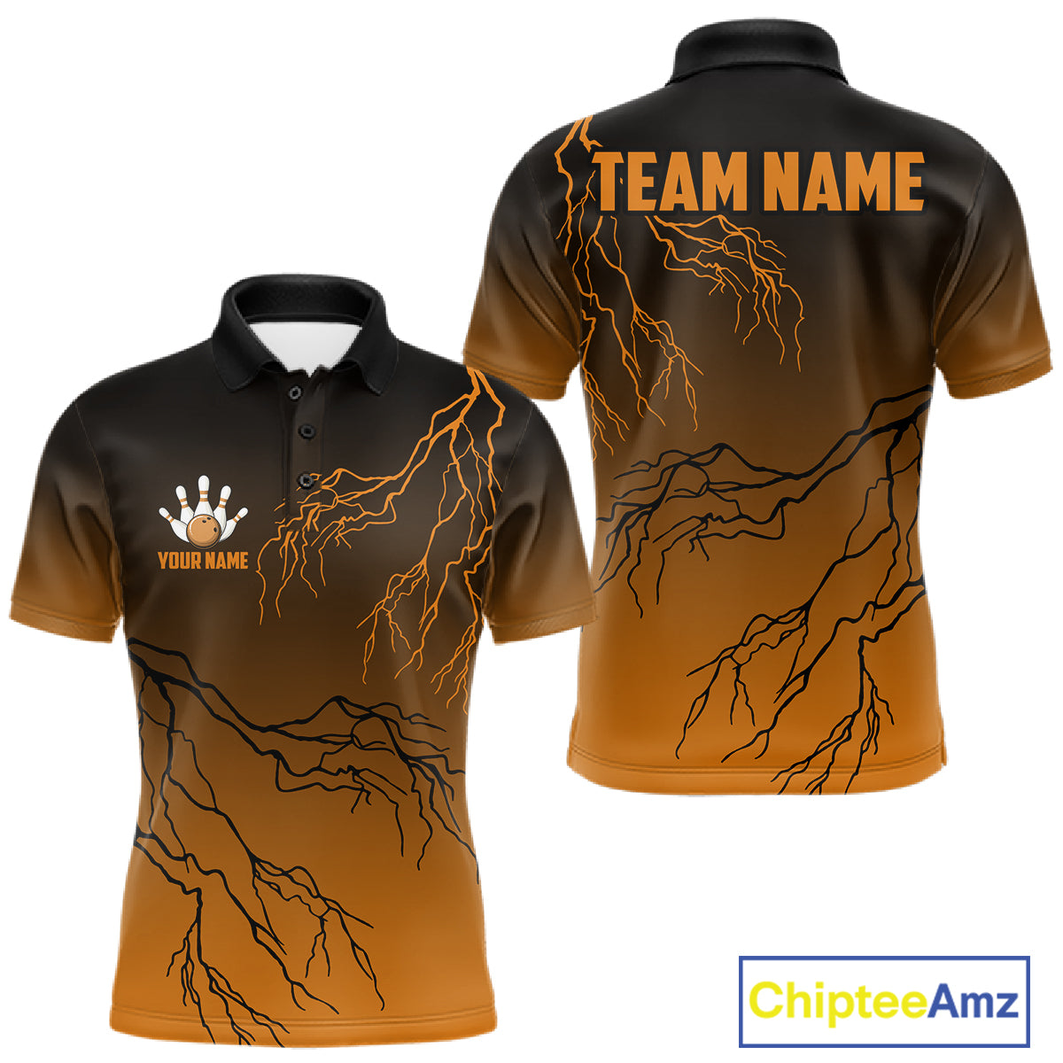 Black And Orange Gradient Lightning Thunder Bowling Shirts For Men Custom Bowling Team Jersey TDM7369