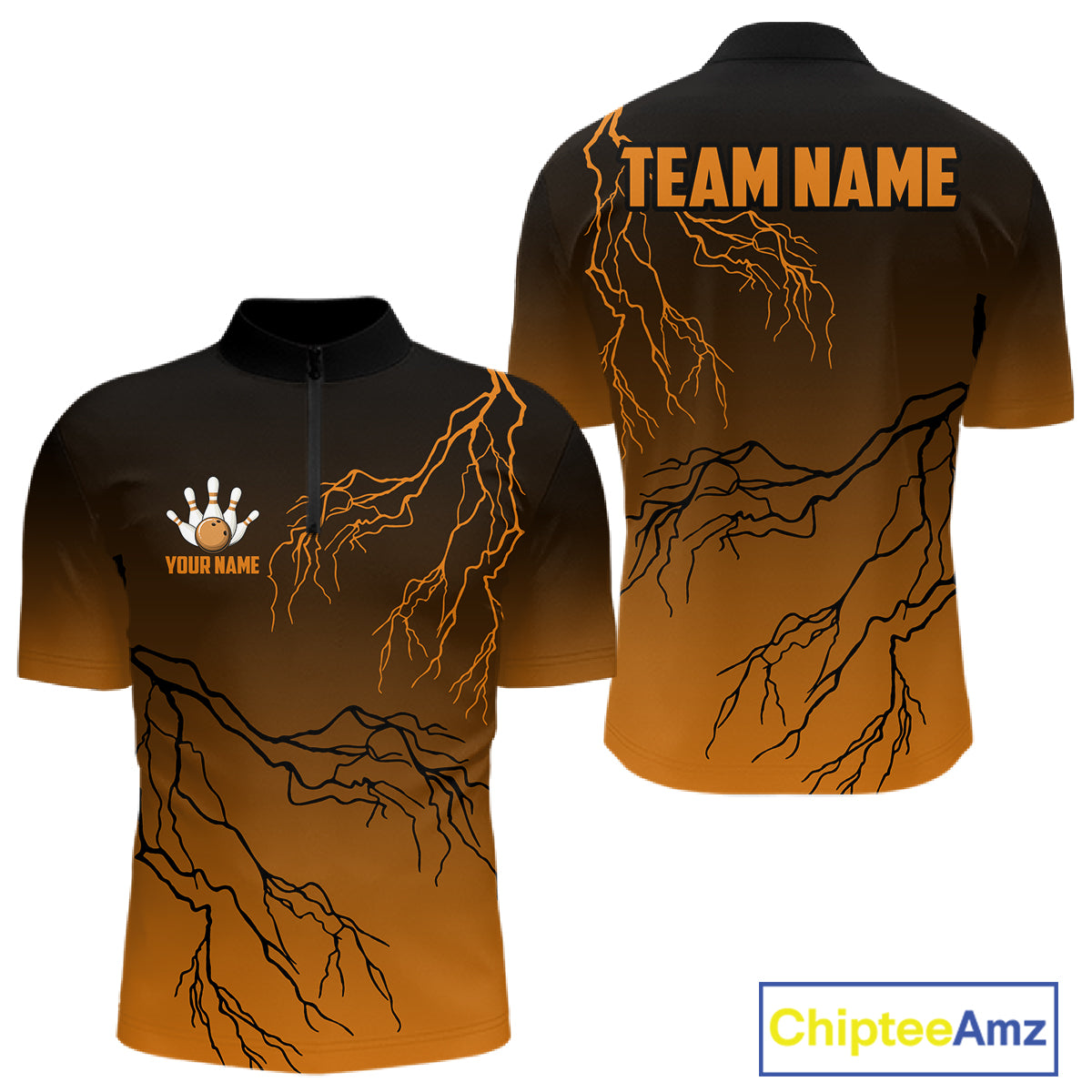 Black And Orange Gradient Lightning Thunder Bowling Shirts For Men Custom Bowling Team Jersey TDM7369