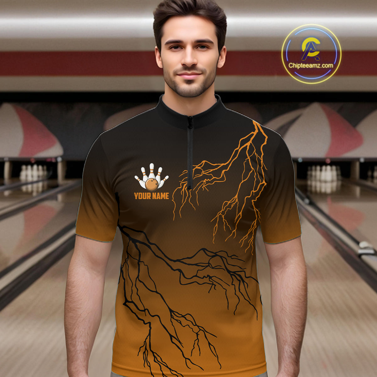 Black And Orange Gradient Lightning Thunder Bowling Shirts For Men Custom Bowling Team Jersey TDM7369