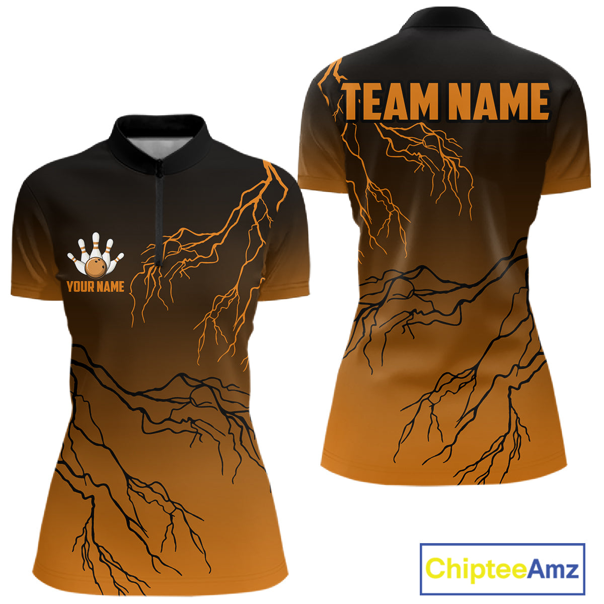 Black And Orange Gradient Lightning Thunder Bowling Shirts For Women Custom Bowling Team Jersey TDM7369