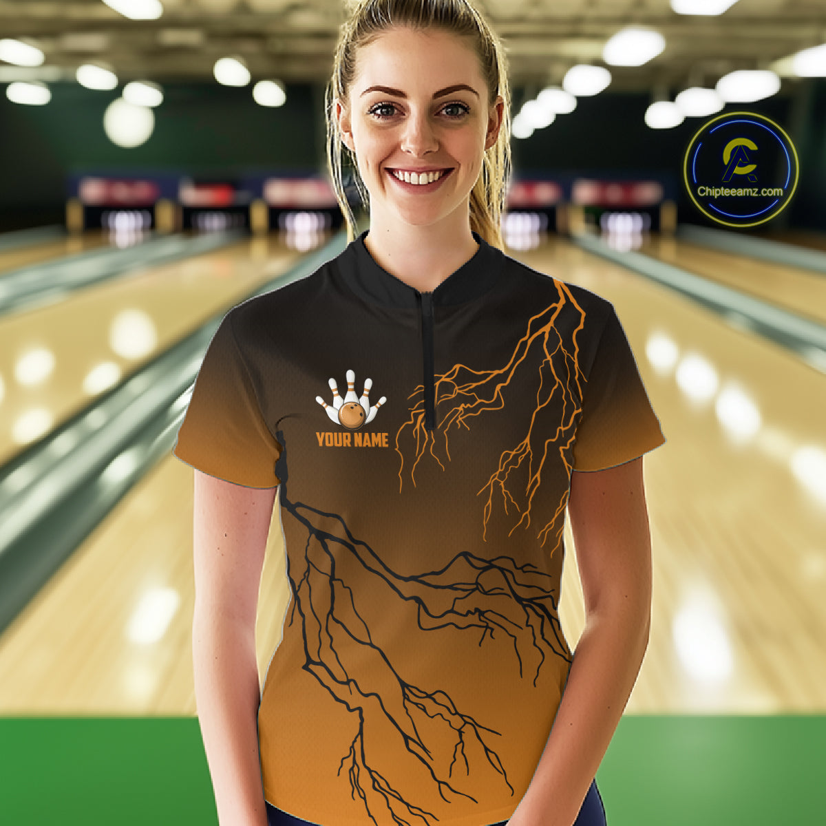 Black And Orange Gradient Lightning Thunder Bowling Shirts For Women Custom Bowling Team Jersey TDM7369