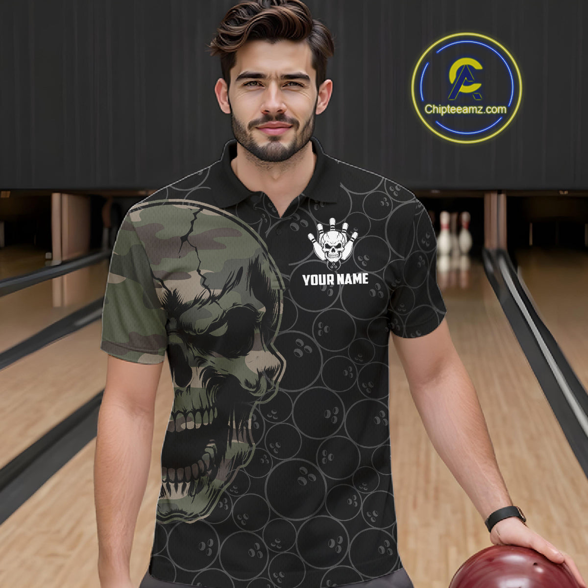 Green Camo Skull Bowling Shirts For Men Custom Aim Roll Strike Repeat Vintage Bowling Team Jersey TDM7379