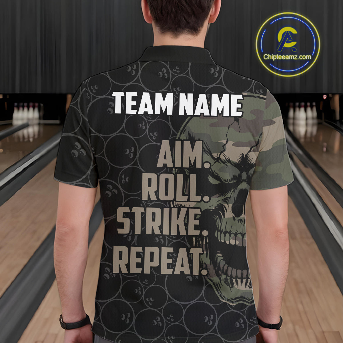 Green Camo Skull Bowling Shirts For Men Custom Aim Roll Strike Repeat Vintage Bowling Team Jersey TDM7379