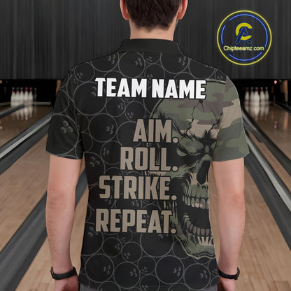 Green Camo Skull Bowling Shirts For Men Custom Aim Roll Strike Repeat Vintage Bowling Team Jersey TDM7379