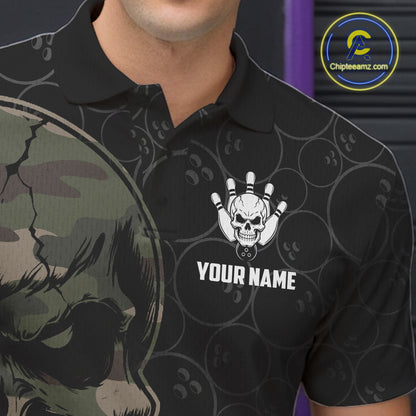 Green Camo Skull Bowling Shirts For Men Custom Aim Roll Strike Repeat Vintage Bowling Team Jersey TDM7379