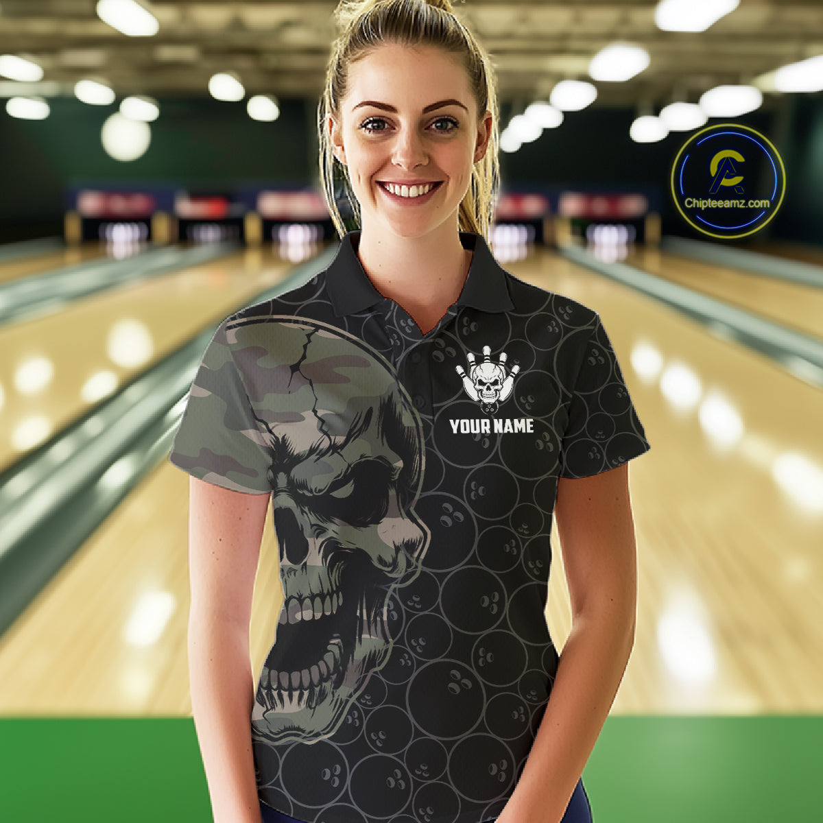 Green Camo Skull Bowling Shirts For Women Custom Aim Roll Strike Repeat Vintage Bowling Team Jersey TDM7379