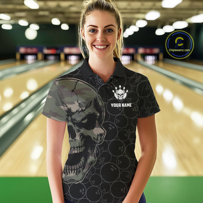 Green Camo Skull Bowling Shirts For Women Custom Aim Roll Strike Repeat Vintage Bowling Team Jersey TDM7379