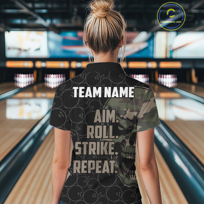 Green Camo Skull Bowling Shirts For Women Custom Aim Roll Strike Repeat Vintage Bowling Team Jersey TDM7379