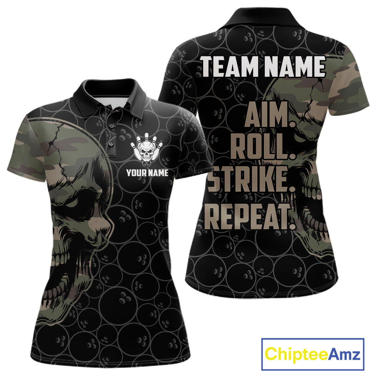 Green Camo Skull Bowling Shirts For Women Custom Aim Roll Strike Repeat Vintage Bowling Team Jersey TDM7379