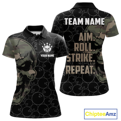 Green Camo Skull Bowling Shirts For Women Custom Aim Roll Strike Repeat Vintage Bowling Team Jersey TDM7379