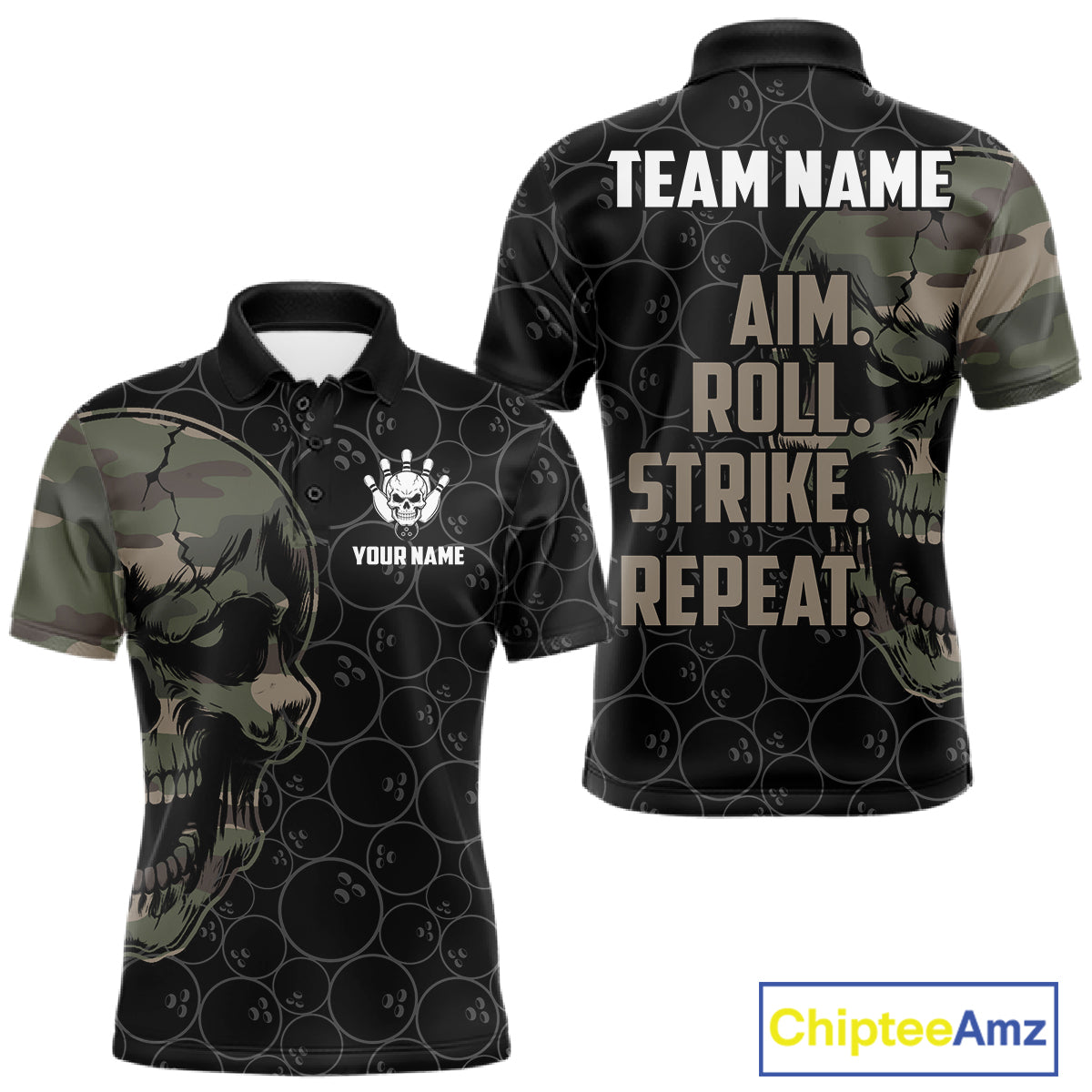 Green Camo Skull Bowling Shirts For Men Custom Aim Roll Strike Repeat Vintage Bowling Team Jersey TDM7379