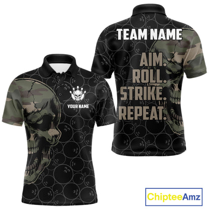 Green Camo Skull Bowling Shirts For Men Custom Aim Roll Strike Repeat Vintage Bowling Team Jersey TDM7379