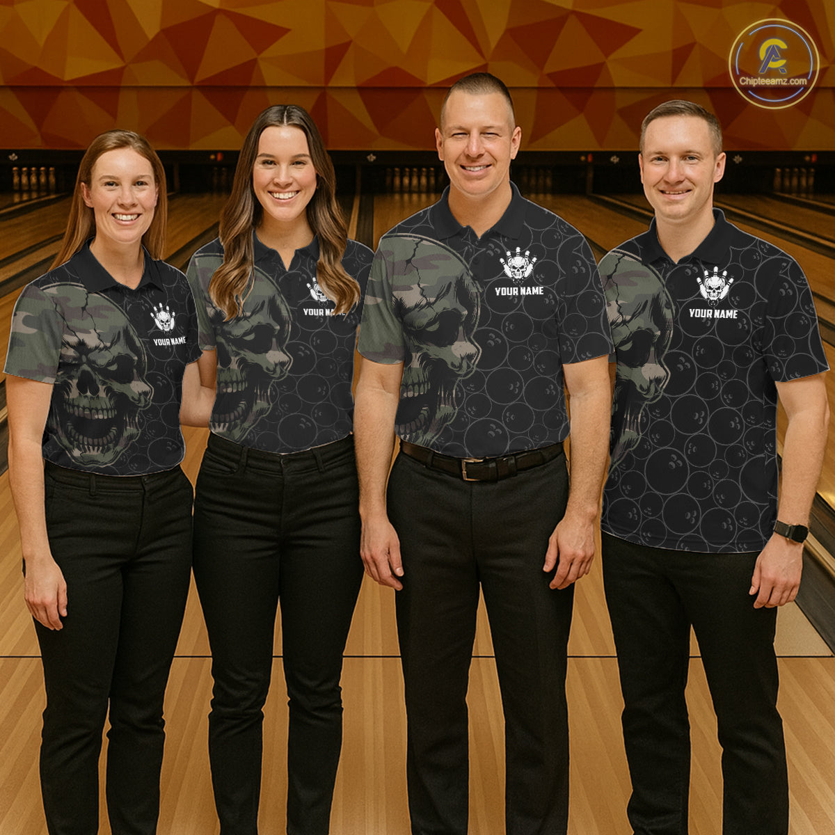 Green Camo Skull Bowling Shirts For Men Custom Aim Roll Strike Repeat Vintage Bowling Team Jersey TDM7379