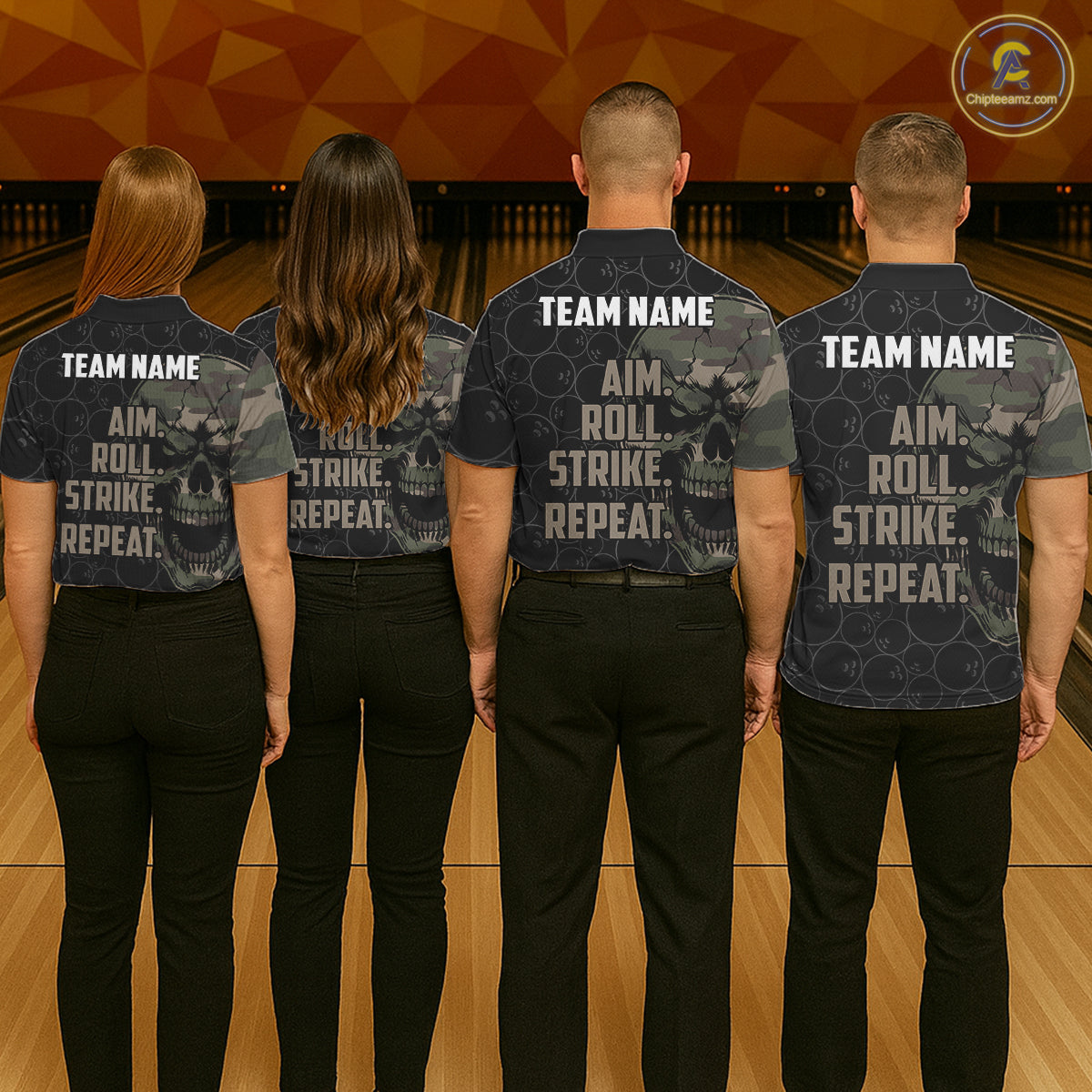 Green Camo Skull Bowling Shirts For Men Custom Aim Roll Strike Repeat Vintage Bowling Team Jersey TDM7379